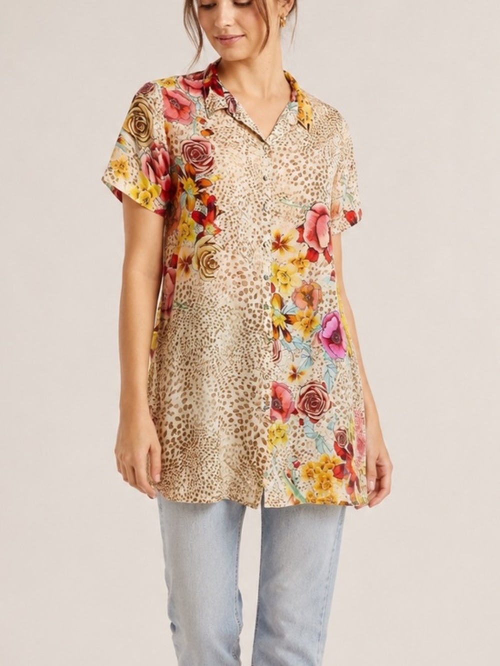 Johnny Was Hera Calia 100% Silk Boho Floral Leopard Tunic Button Down Blouse